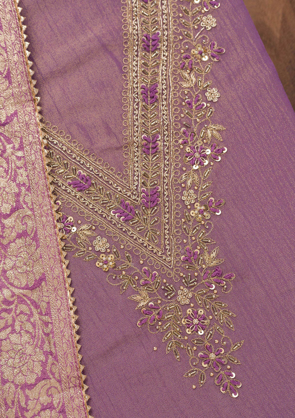 Purple Zariwork Raw Silk Unstitched Salwar Suit-Koskii