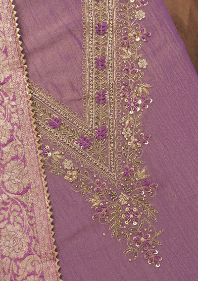 Purple Zariwork Raw Silk Unstitched Salwar Suit-Koskii