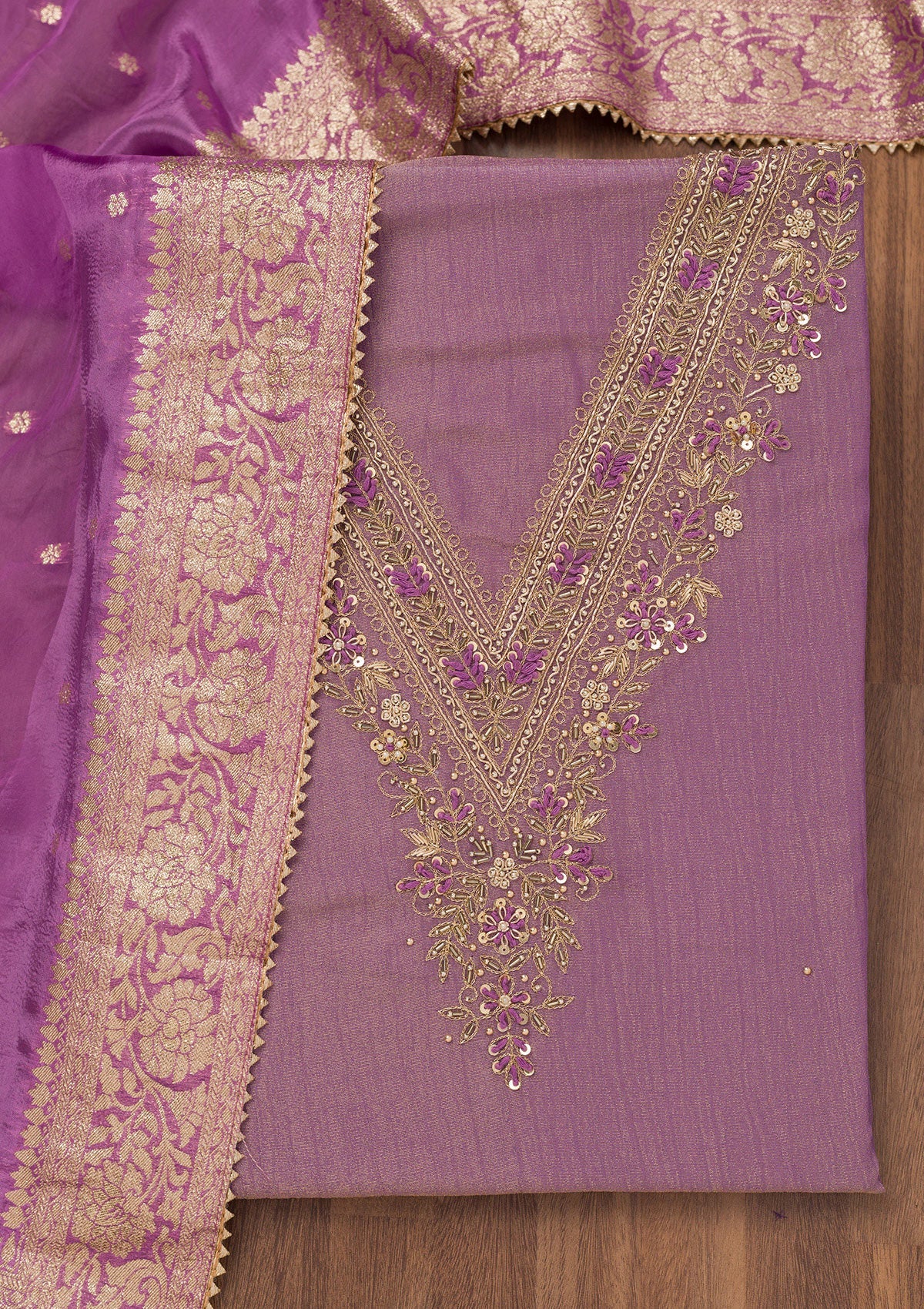 Purple Zariwork Raw Silk Unstitched Salwar Suit-Koskii