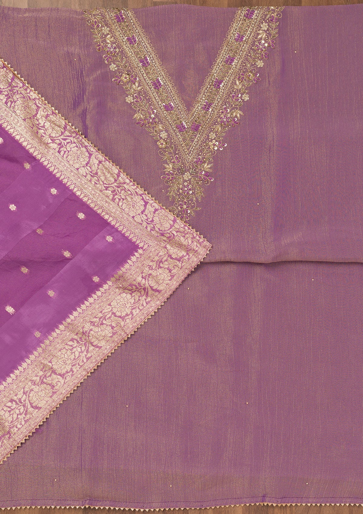 Purple Zariwork Raw Silk Unstitched Salwar Suit-Koskii