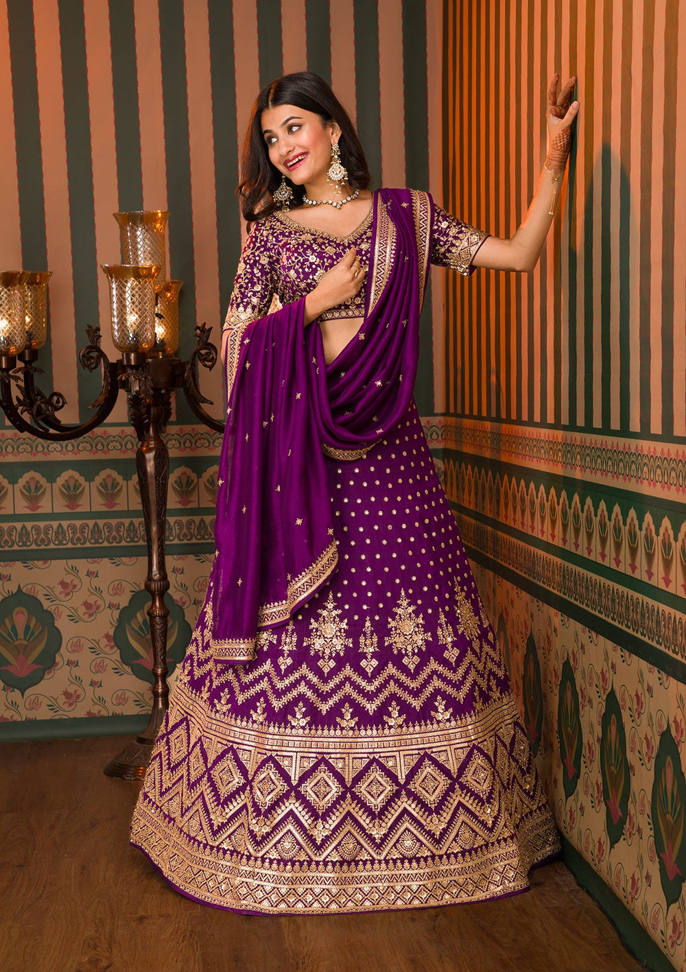 Purple Zariwork Raw Silk Readymade Lehenga-Koskii