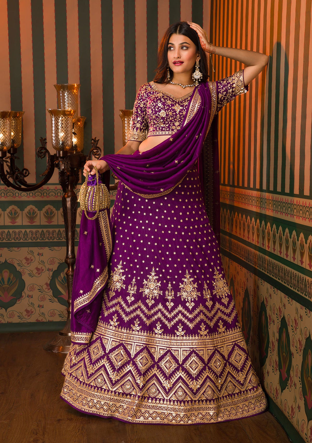 Purple Zariwork Raw Silk Readymade Lehenga-Koskii