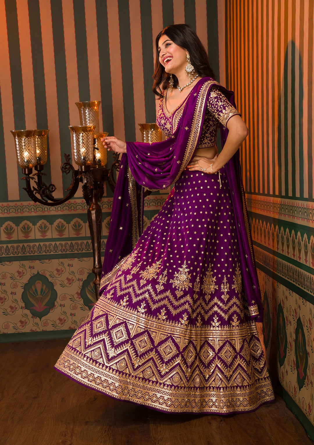 Purple Zariwork Raw Silk Readymade Lehenga-Koskii
