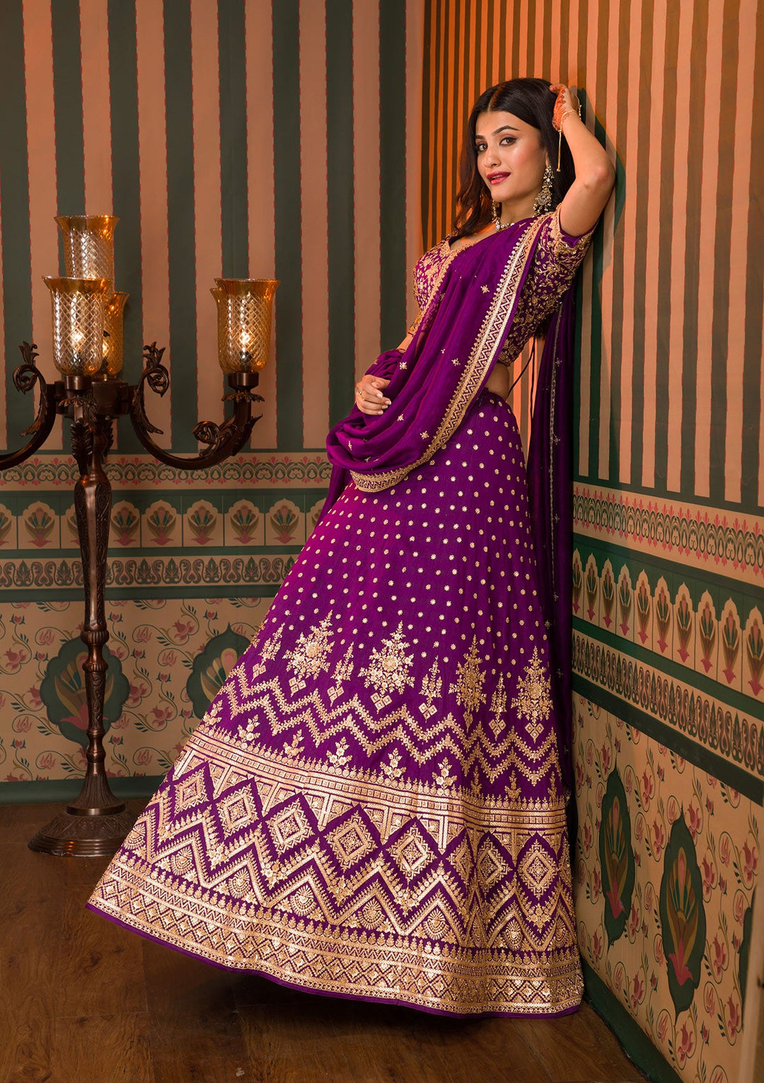 Purple Zariwork Raw Silk Readymade Lehenga-Koskii
