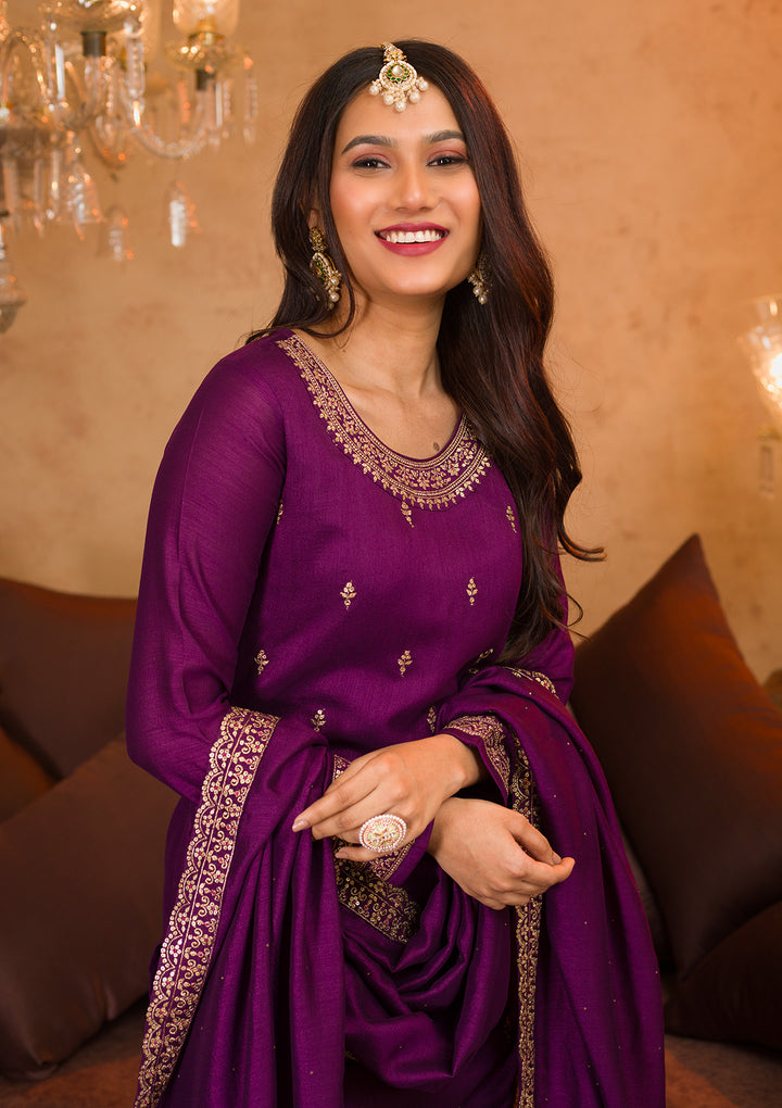 Purple Zariwork Raw Silk Readymade Salwar Kameez
