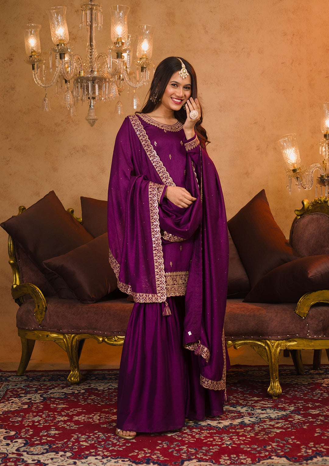 Purple Zariwork Raw Silk Readymade Salwar Kameez