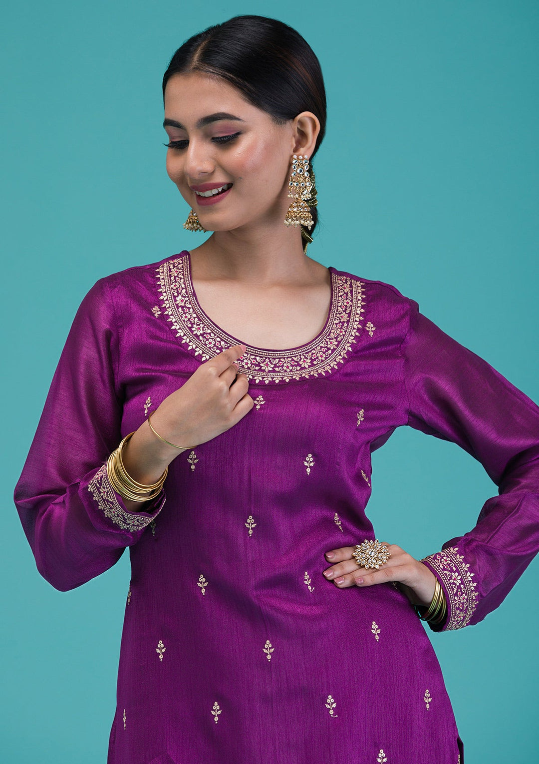 Purple Zariwork Raw Silk Readymade Salwar Suit-Koskii