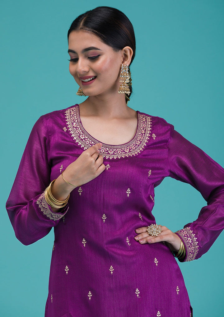 Purple Zariwork Raw Silk Readymade Salwar Suit-Koskii