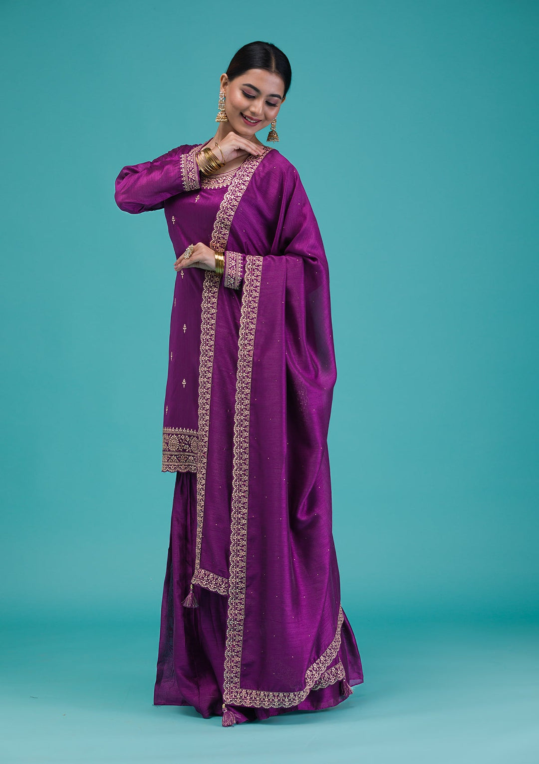 Purple Zariwork Raw Silk Readymade Salwar Suit-Koskii