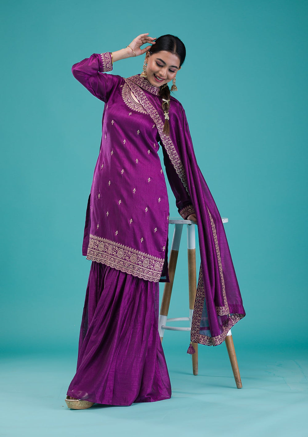 Purple Zariwork Raw Silk Readymade Salwar Suit-Koskii