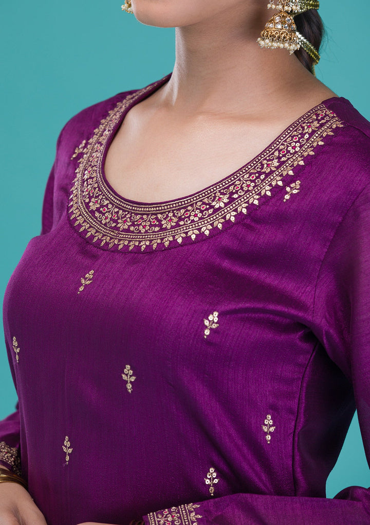 Purple Zariwork Raw Silk Readymade Salwar Suit-Koskii