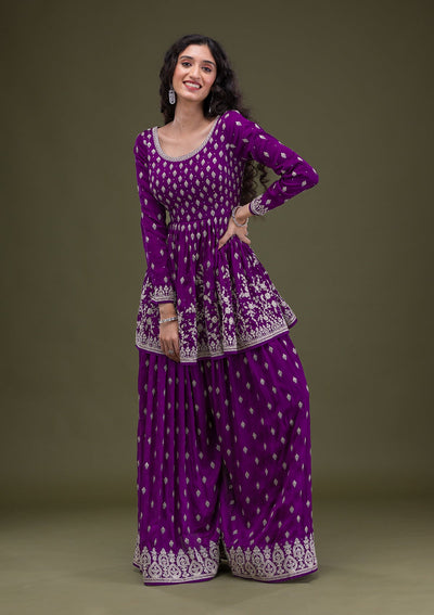 Purple Zariwork Raw Silk Readymade Salwar Suit-Koskii