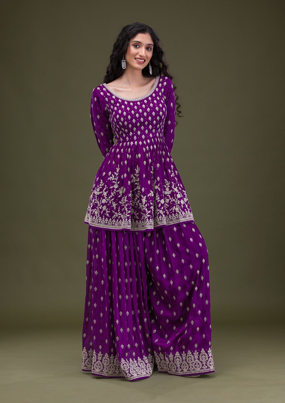 Purple Zariwork Raw Silk Readymade Salwar Suit-Koskii
