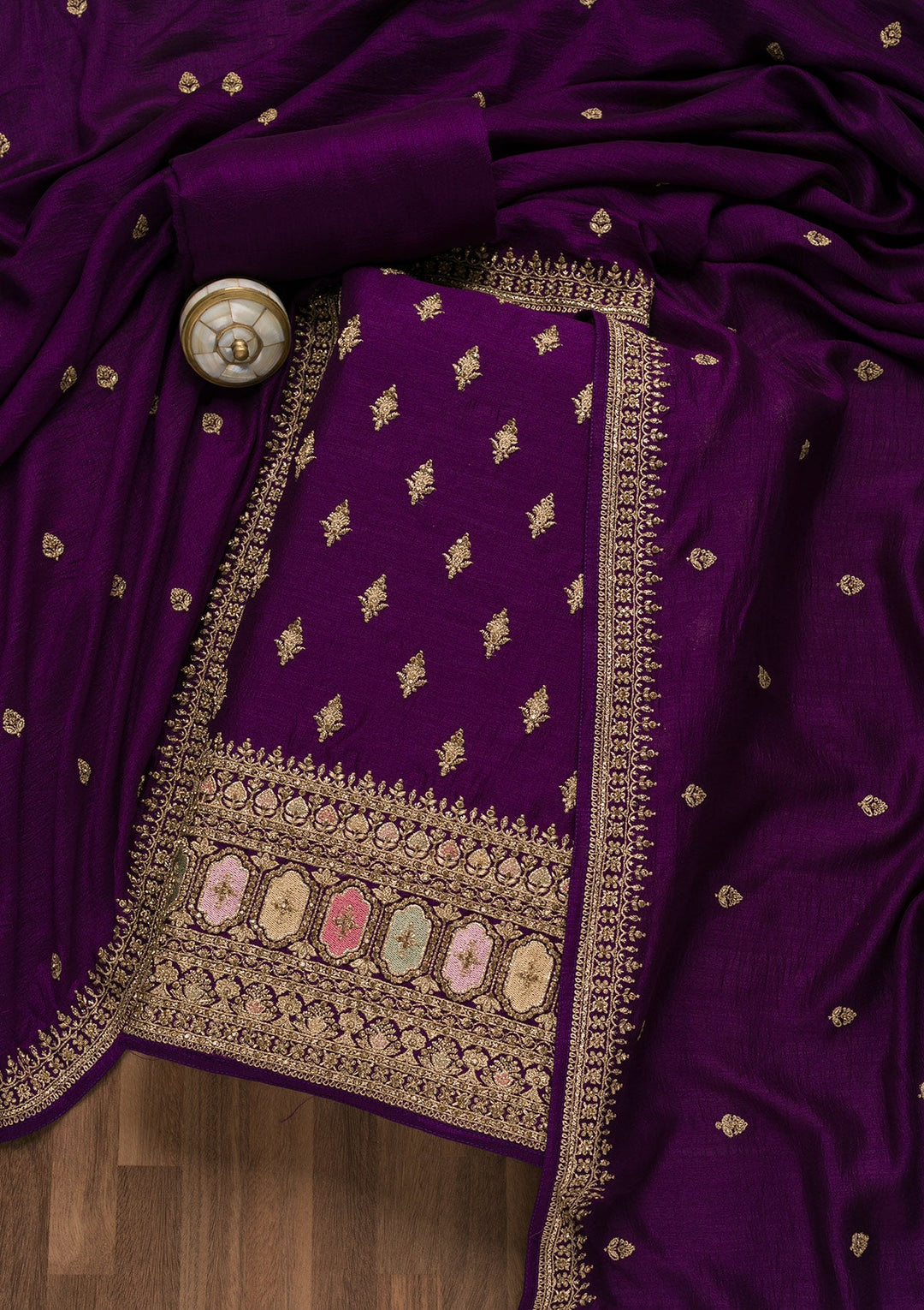 Purple Zariwork Raw Silk Unstitched Salwar Suit-Koskii