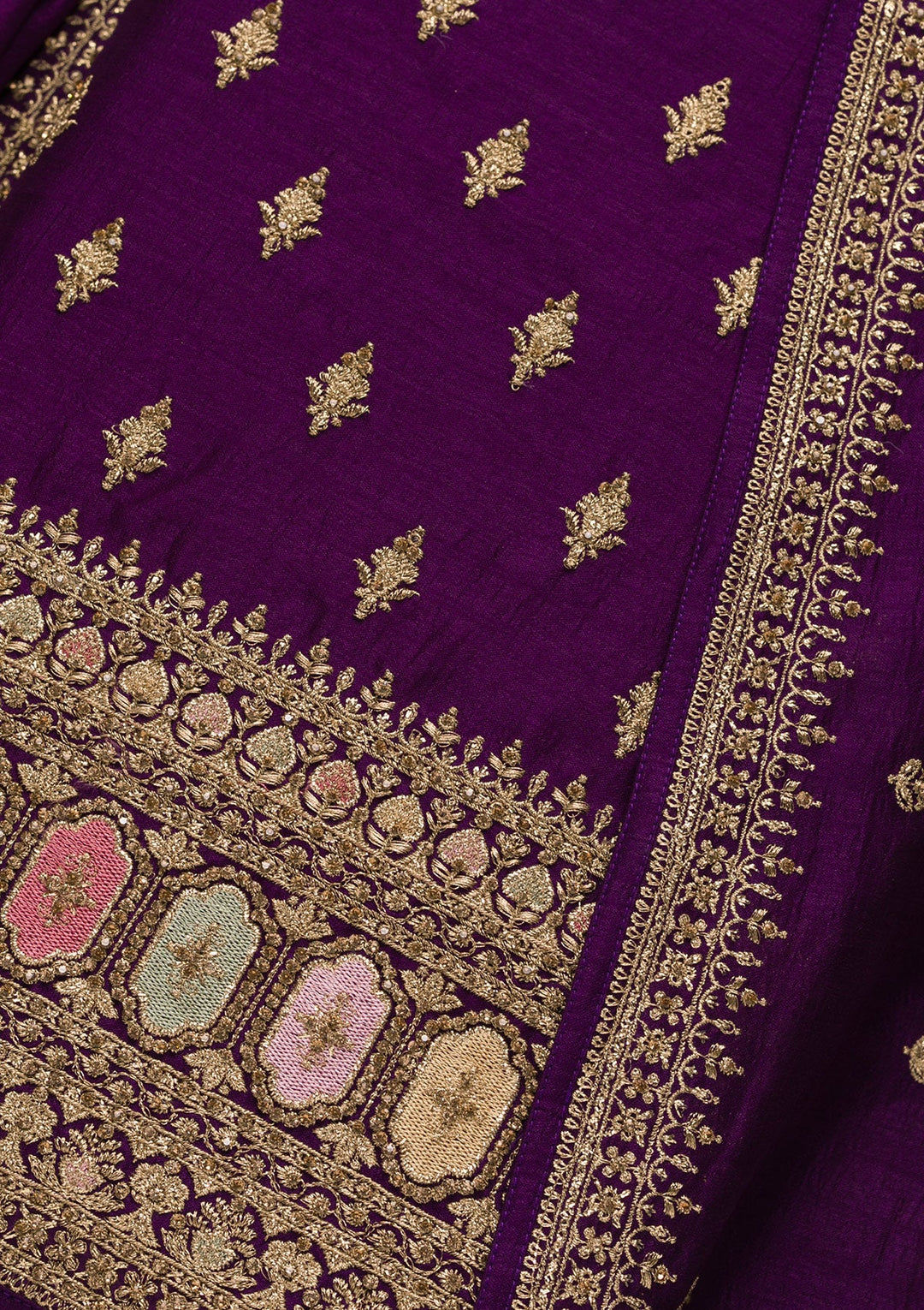 Purple Zariwork Raw Silk Unstitched Salwar Suit-Koskii
