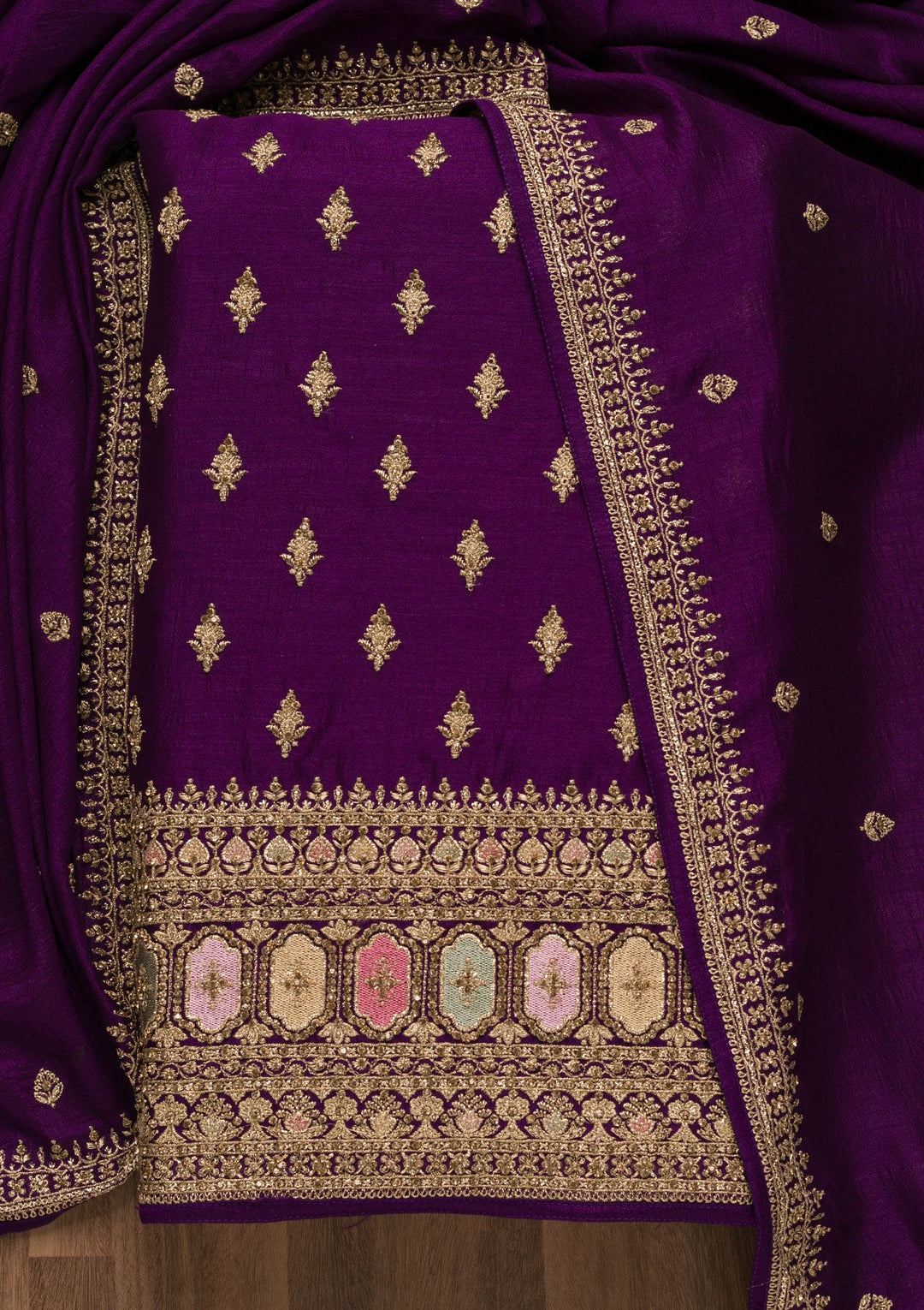 Purple Zariwork Raw Silk Unstitched Salwar Suit-Koskii