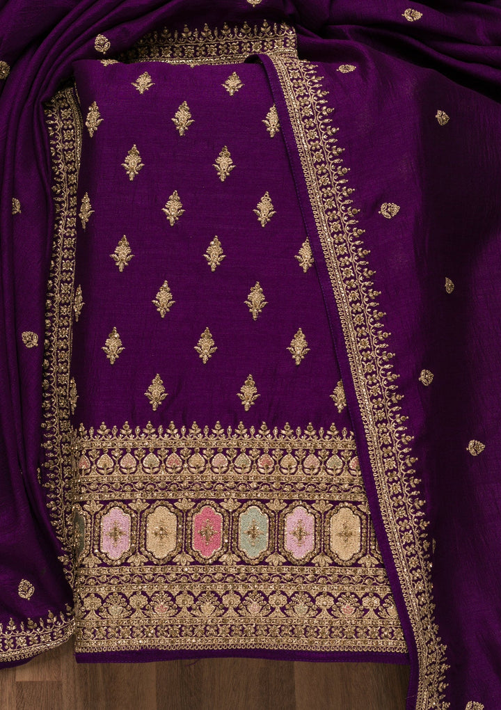 Purple Zariwork Raw Silk Unstitched Salwar Suit-Koskii