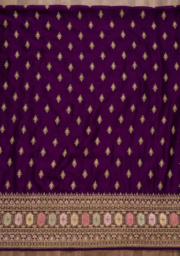 Purple Zariwork Raw Silk Unstitched Salwar Suit-Koskii
