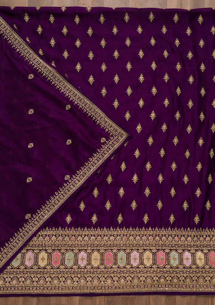 Purple Zariwork Raw Silk Unstitched Salwar Suit-Koskii
