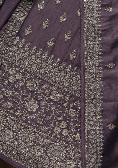 Purple Zariwork Raw Silk Unstitched Salwar Suit-Koskii