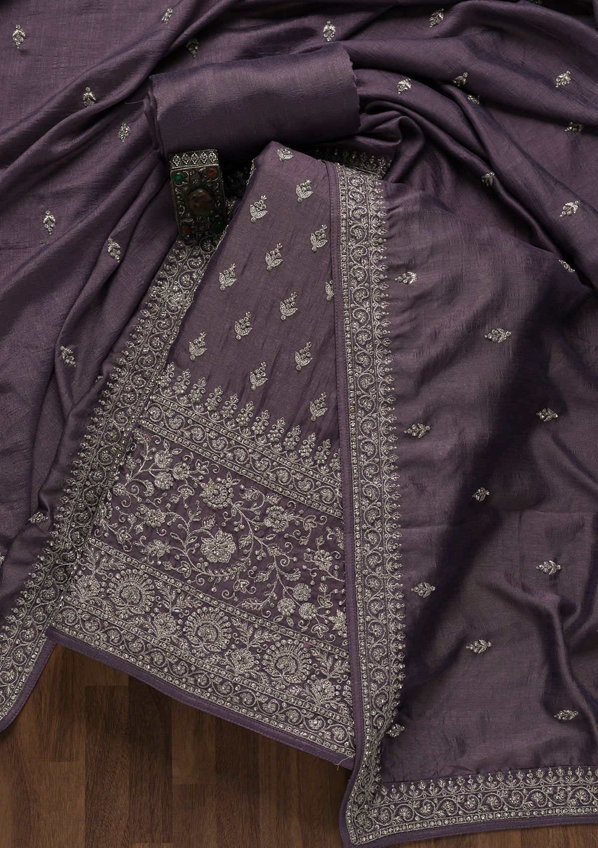 Purple Zariwork Raw Silk Unstitched Salwar Suit-Koskii