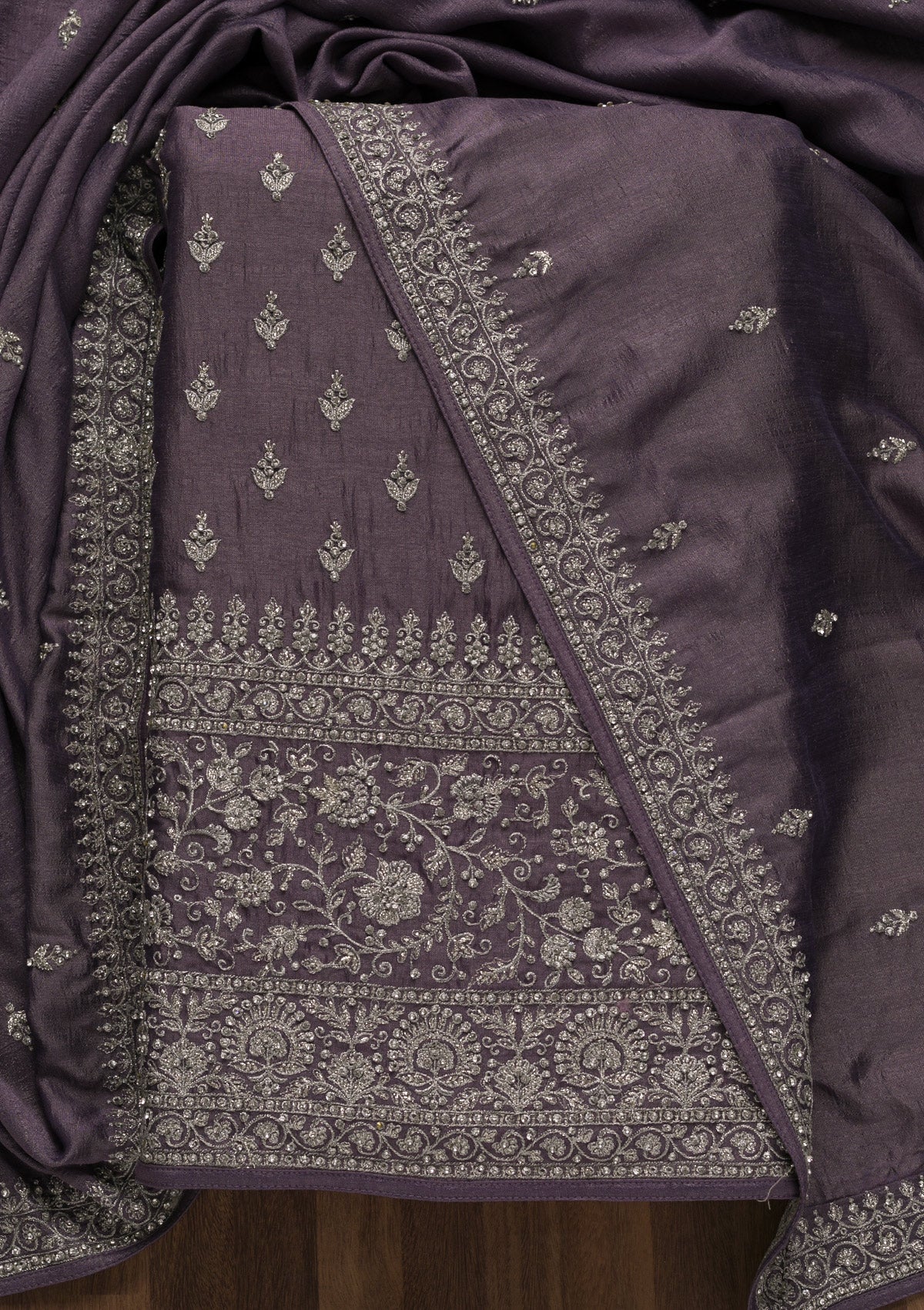 Purple Zariwork Raw Silk Unstitched Salwar Suit-Koskii