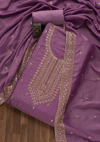 Purple Zariwork Raw Silk Unstitched Salwar Suit-Koskii