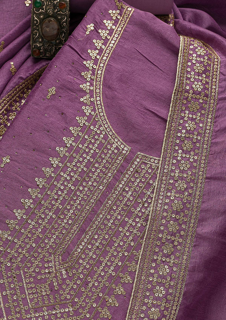 Purple Zariwork Raw Silk Unstitched Salwar Suit-Koskii