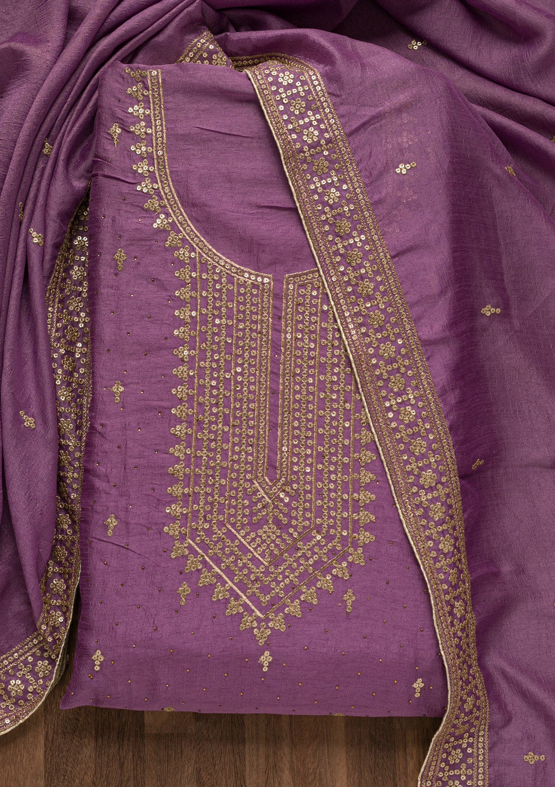 Purple Zariwork Raw Silk Unstitched Salwar Suit-Koskii