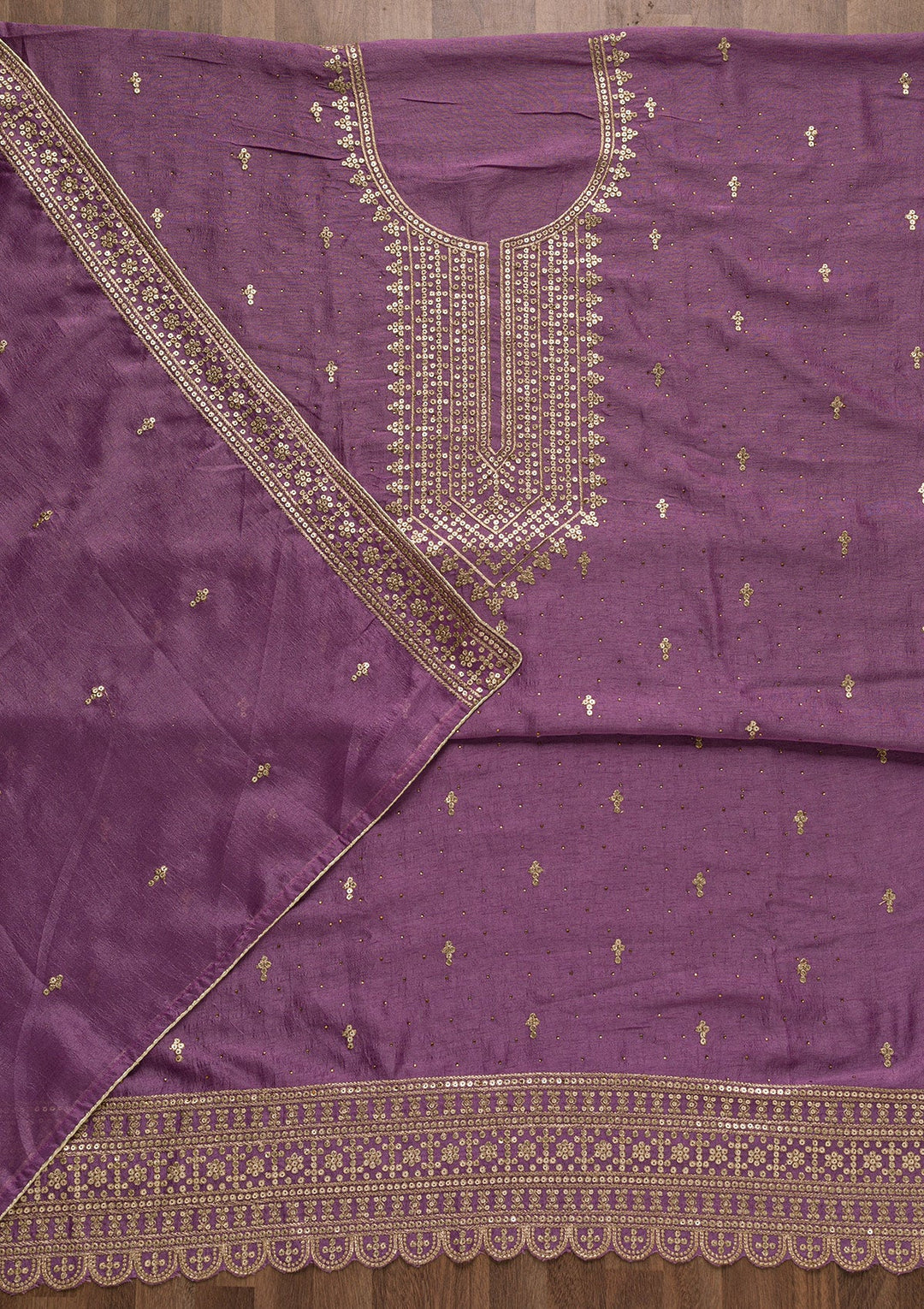 Purple Zariwork Raw Silk Unstitched Salwar Suit-Koskii