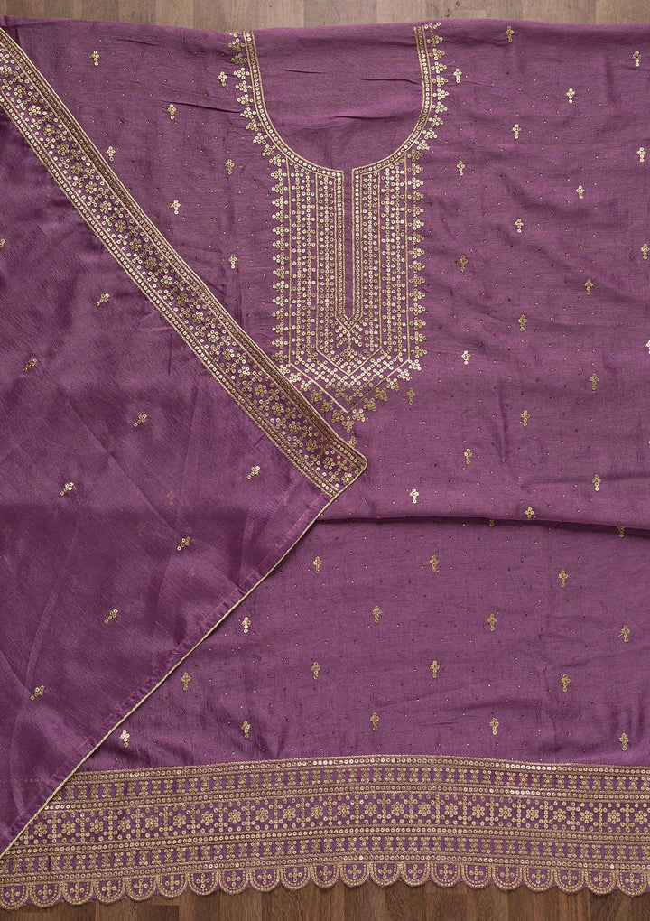 Purple Zariwork Raw Silk Unstitched Salwar Suit-Koskii