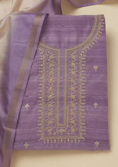 Purple Zariwork Raw Silk Unstitched Salwar Suit-Koskii