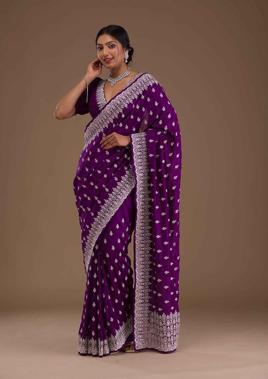Purple Zariwork Raw Silk Saree-Koskii