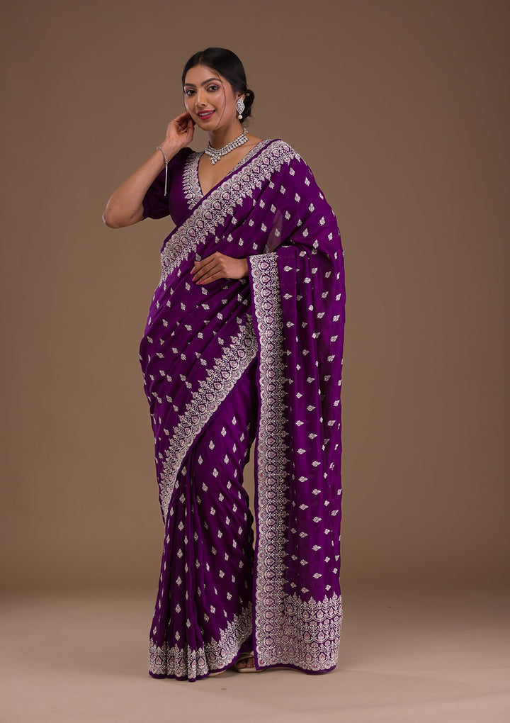 Purple Zariwork Raw Silk Saree-Koskii