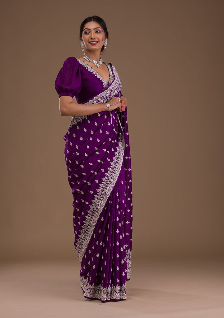 Purple Zariwork Raw Silk Saree-Koskii