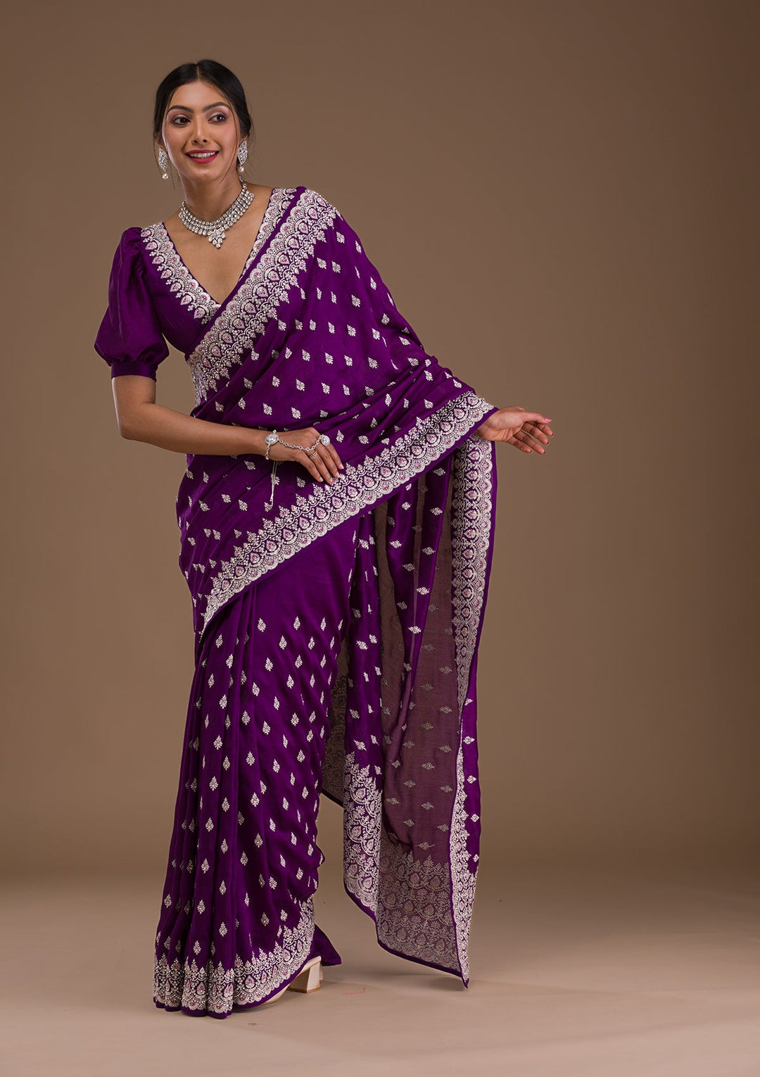Purple Zariwork Raw Silk Saree-Koskii