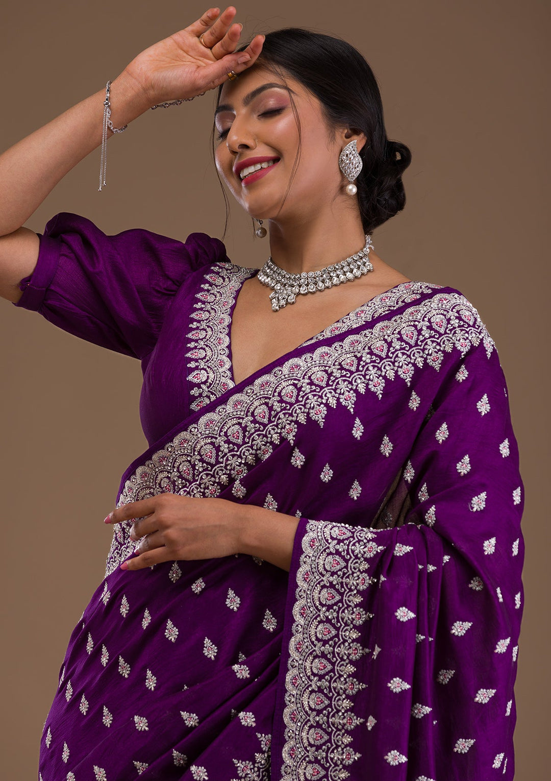 Purple Zariwork Raw Silk Saree-Koskii