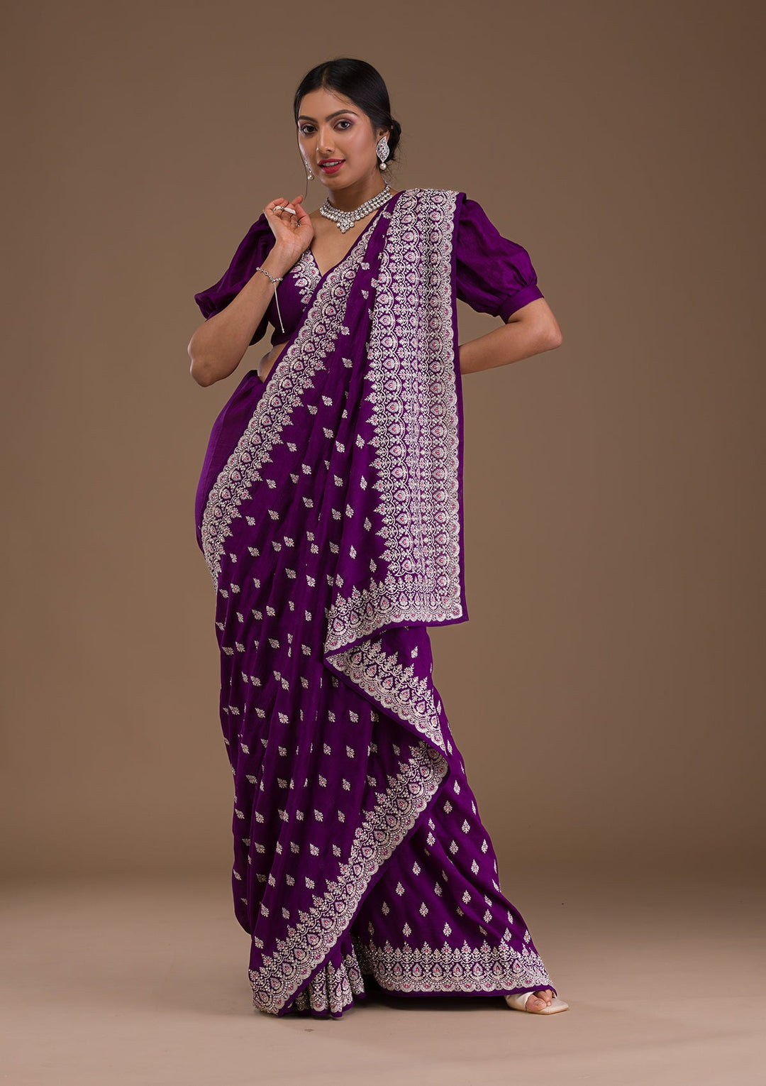 Purple Zariwork Raw Silk Saree-Koskii