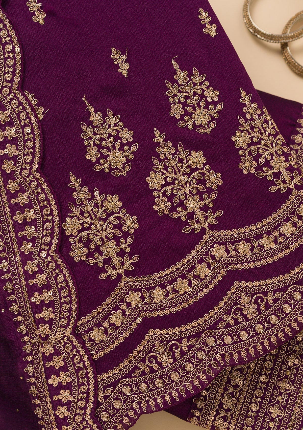 Purple Zariwork Satin Unstitched Salwar Suit