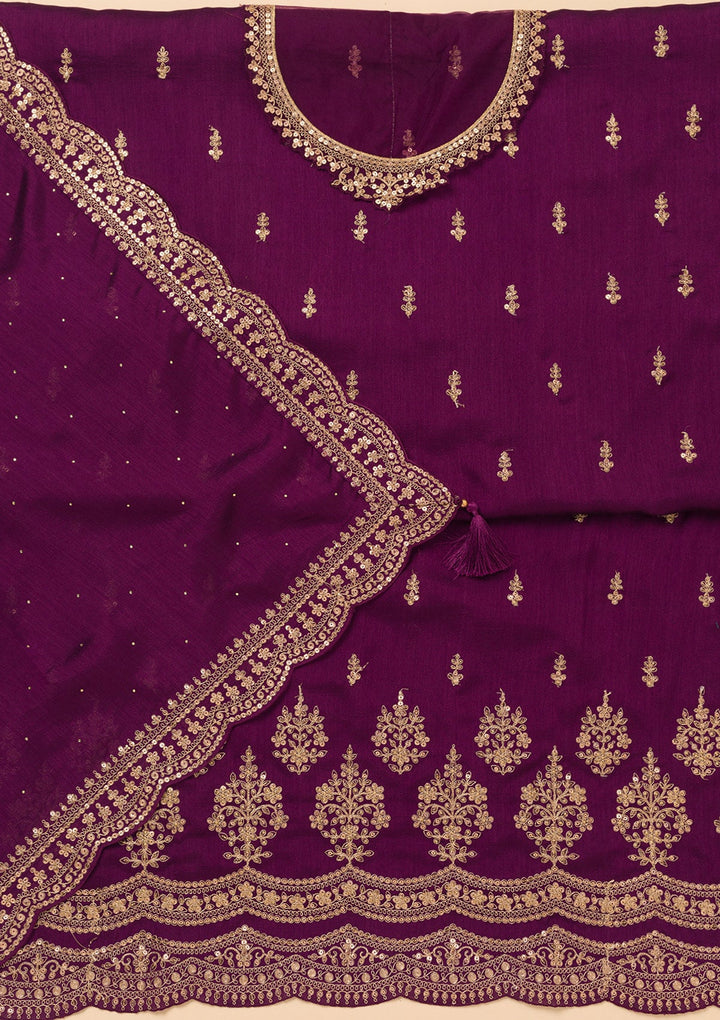 Purple Zariwork Satin Unstitched Salwar Suit