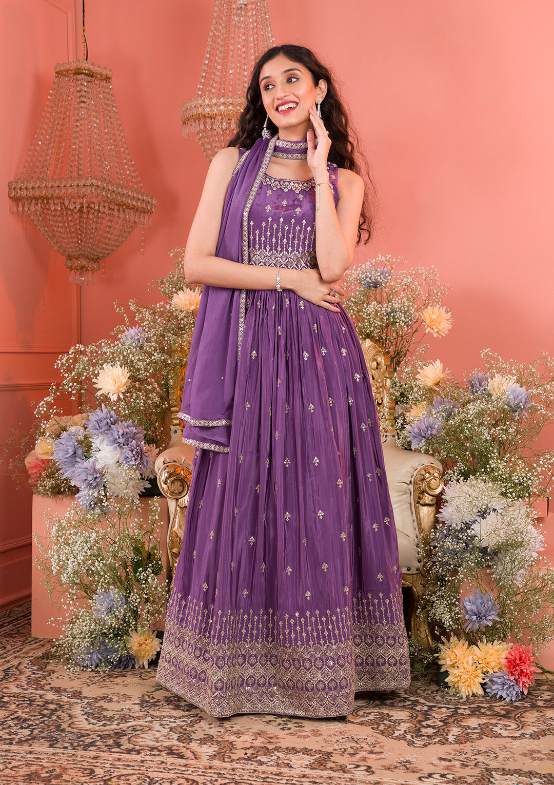 Purple Zariwork Semi Crepe Readymade Salwar Kameez
