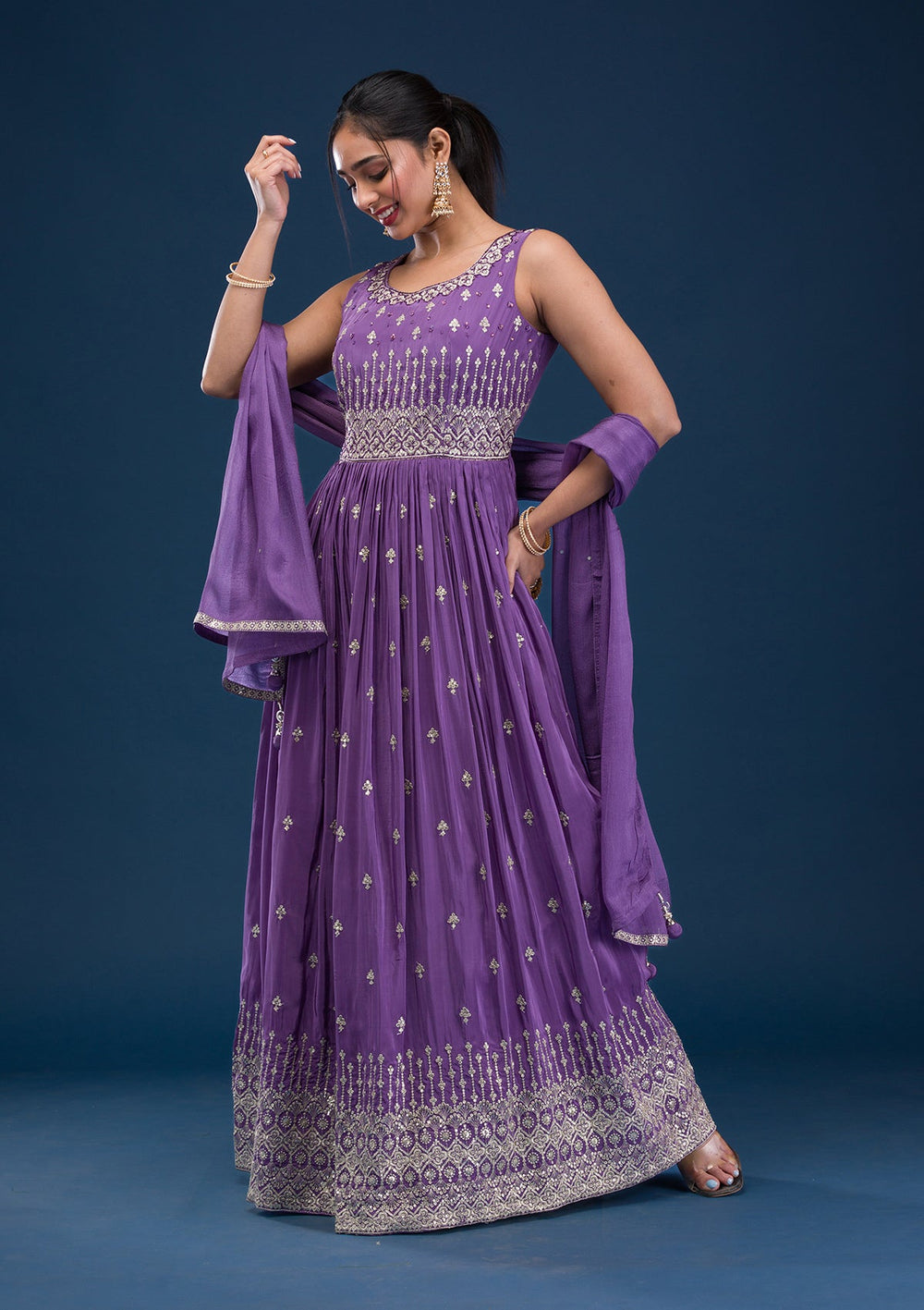 Purple Zariwork Semi Crepe Readymade Salwar Suit-Koskii