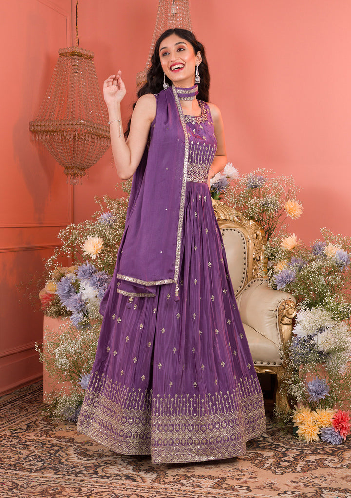 Purple Zariwork Semi Crepe Readymade Salwar Kameez