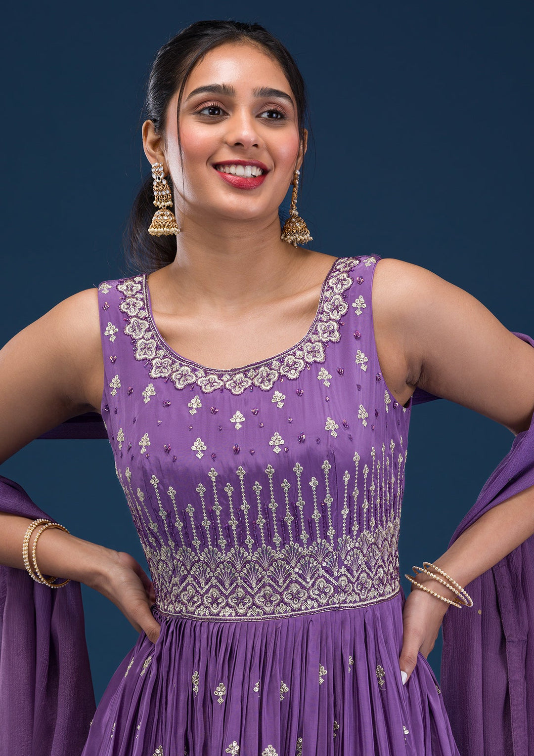 Purple Zariwork Semi Crepe Readymade Salwar Suit-Koskii