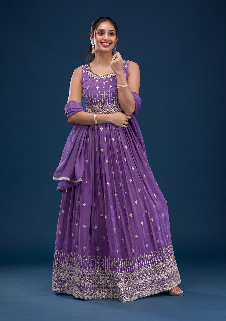 Purple Zariwork Semi Crepe Readymade Salwar Suit-Koskii