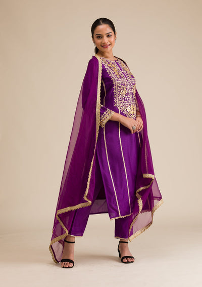 Purple Zariwork Semi Crepe Readymade Salwar Suit-Koskii