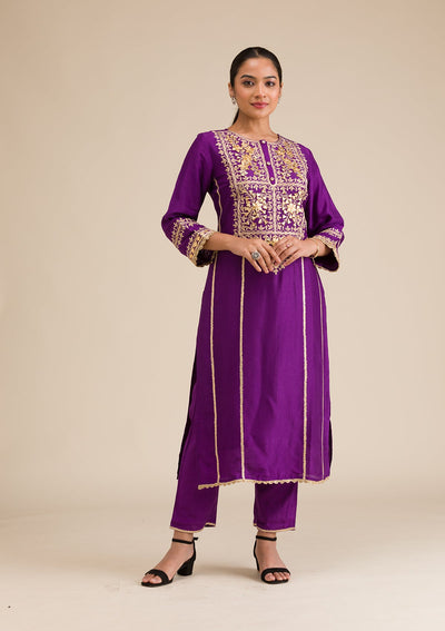 Purple Zariwork Semi Crepe Readymade Salwar Suit-Koskii