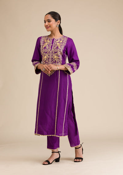 Purple Zariwork Semi Crepe Readymade Salwar Suit-Koskii