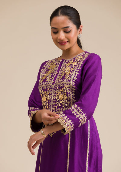 Purple Zariwork Semi Crepe Readymade Salwar Suit-Koskii