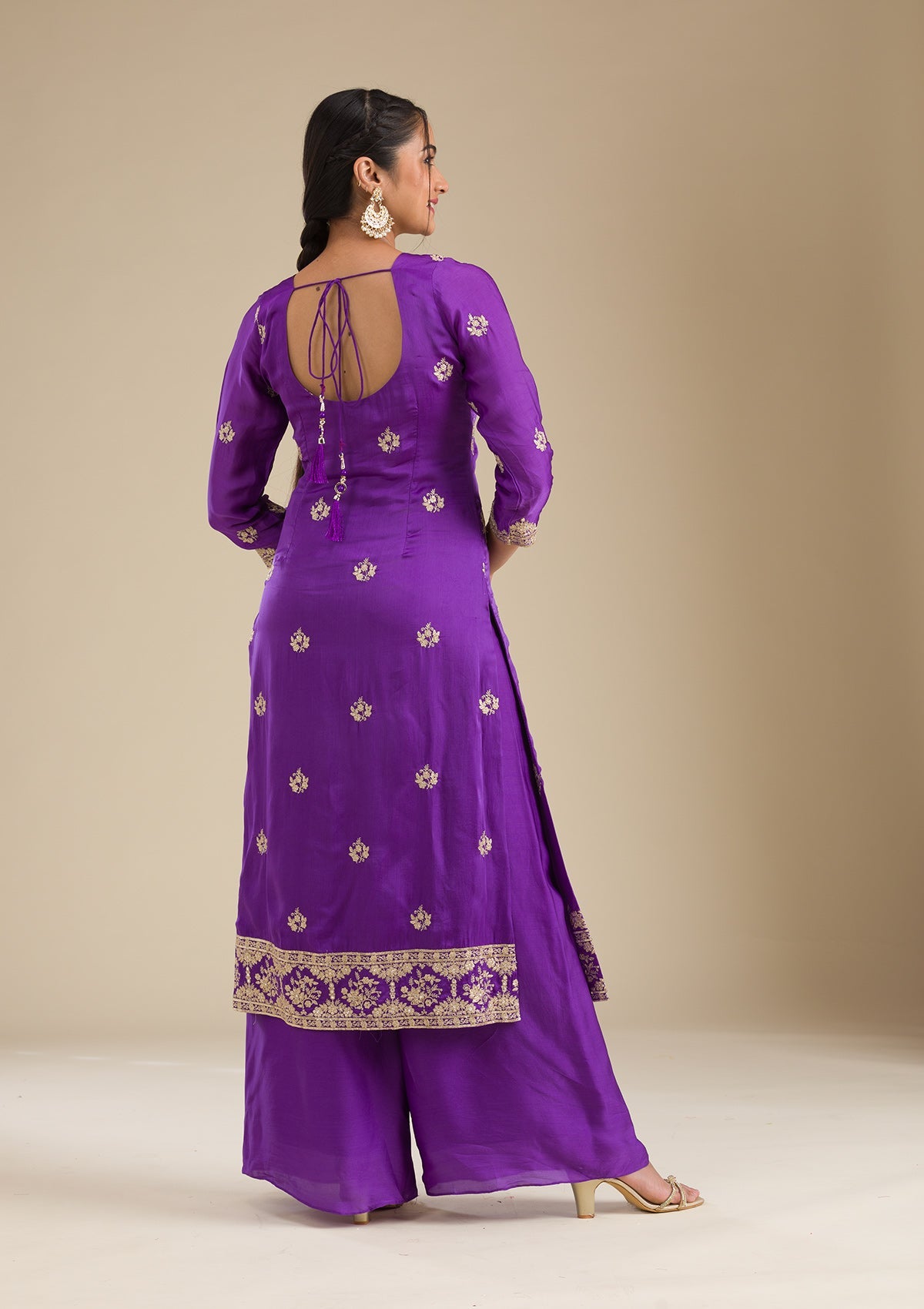 Purple Zariwork Semi Crepe Readymade Salwar Suit-Koskii